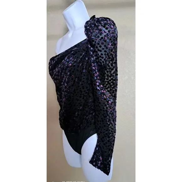 Revolve ASTR Isolde One Shoulder Bodysuit Top Velvet Dot Ruffle Sz S Party Event - Picture 6 of 11